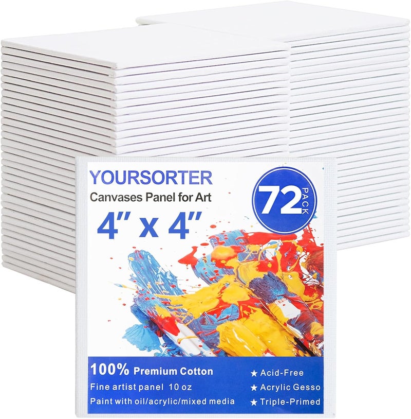 YOURSORTER Mini Canvas for Painting 4x4 inch, 72 Pack Small Canvases Bulk for Kids Art Novices, Acrylic Oil Painting Canvases for Leisure Art, Blank Canvas Panels Gesso Primed Acid-Free 100% Cotton - Image 1